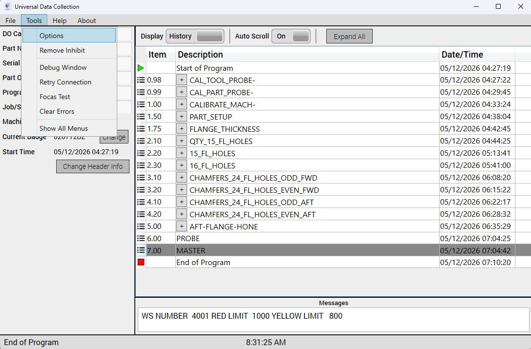 UDC Tools menu with Options visible