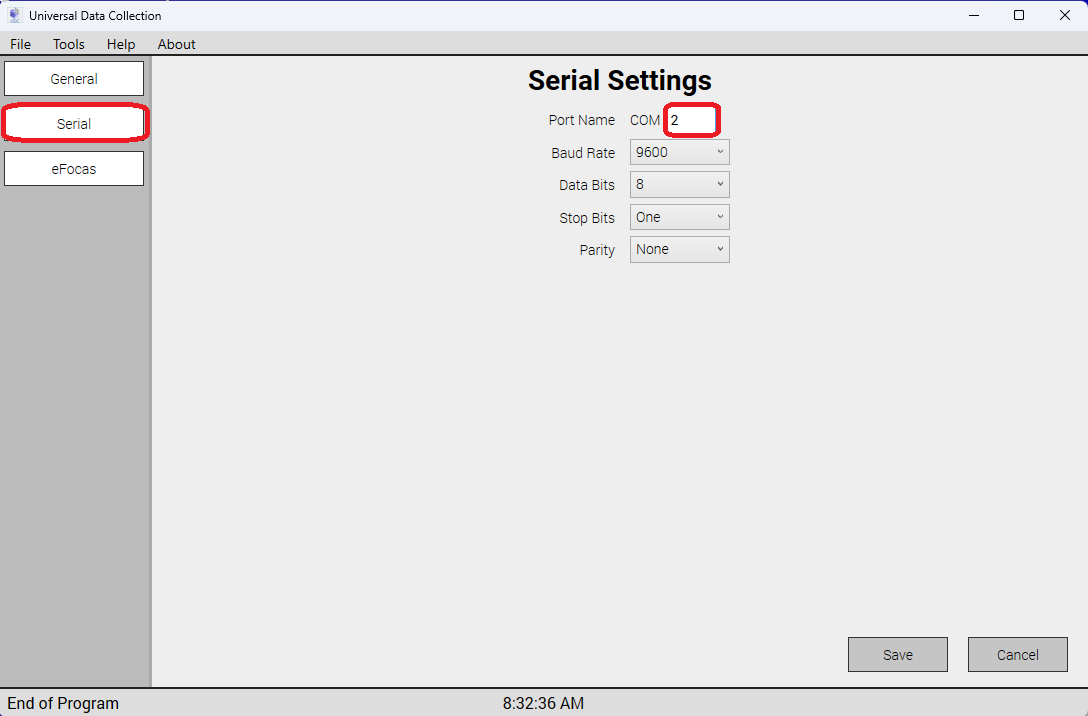 UDC Serial settings - COM 2 (PCIe)