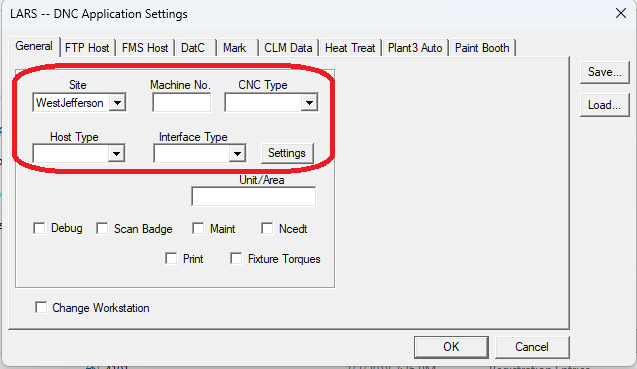 NTLARS General tab with blank machine config