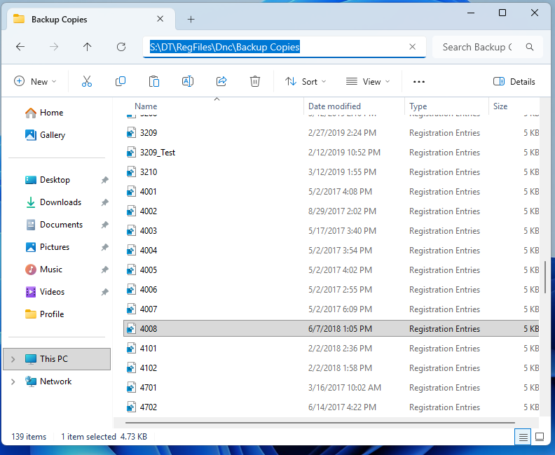 Backup Copies folder on S: drive