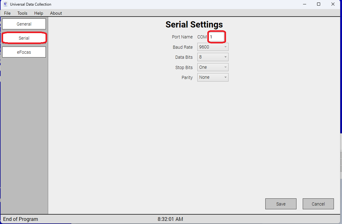 UDC Serial settings - COM 1 (intel)