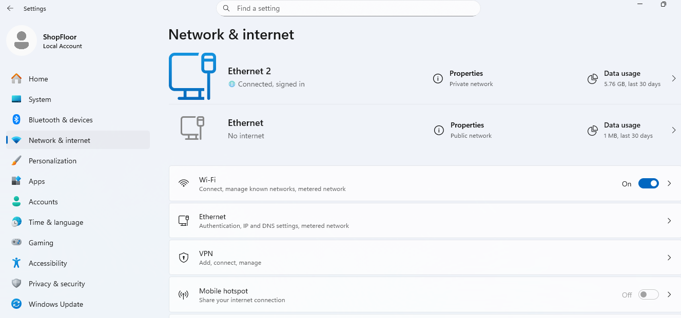 Network & internet - two ethernets listed