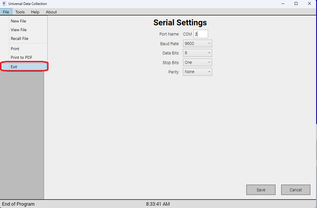 UDC File menu - Exit